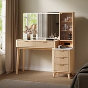KeyWhat 48" Fluted Vanity Desk with 36" Mirror and Lights - Oak