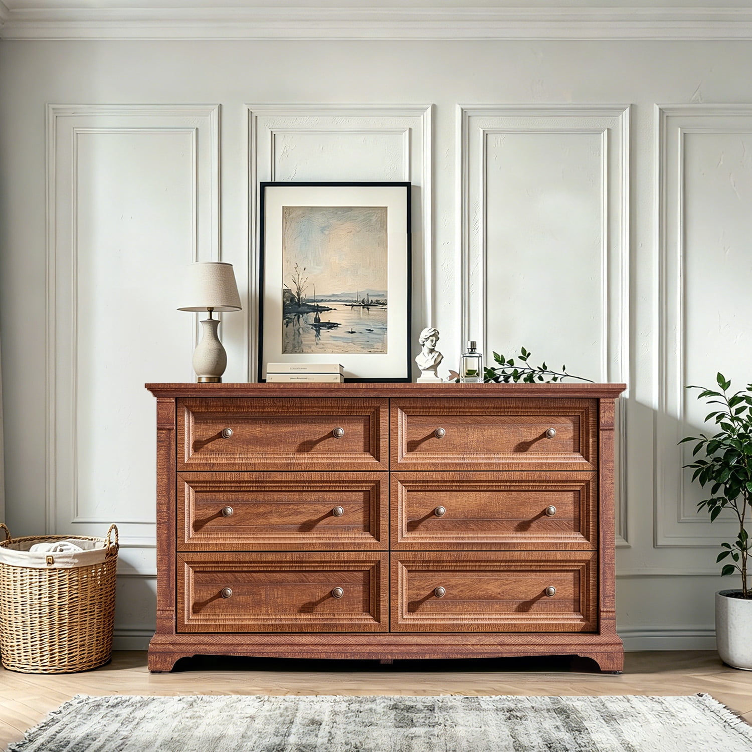 KeyWhat 54" Farmhouse 6-Drawer Dresser with Handles for Bedroom, Living Room , Hallway