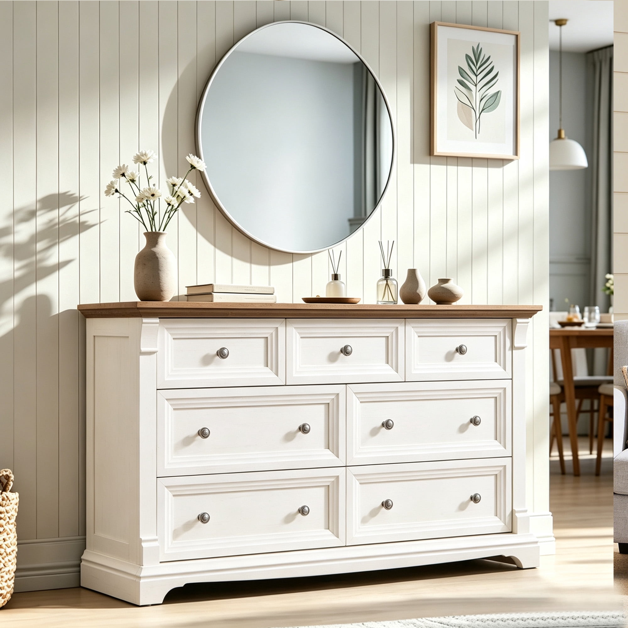 KeyWhat 54" Farmhouse 7-Drawer Dresser with Handles for Bedroom, Living Room , Hallway