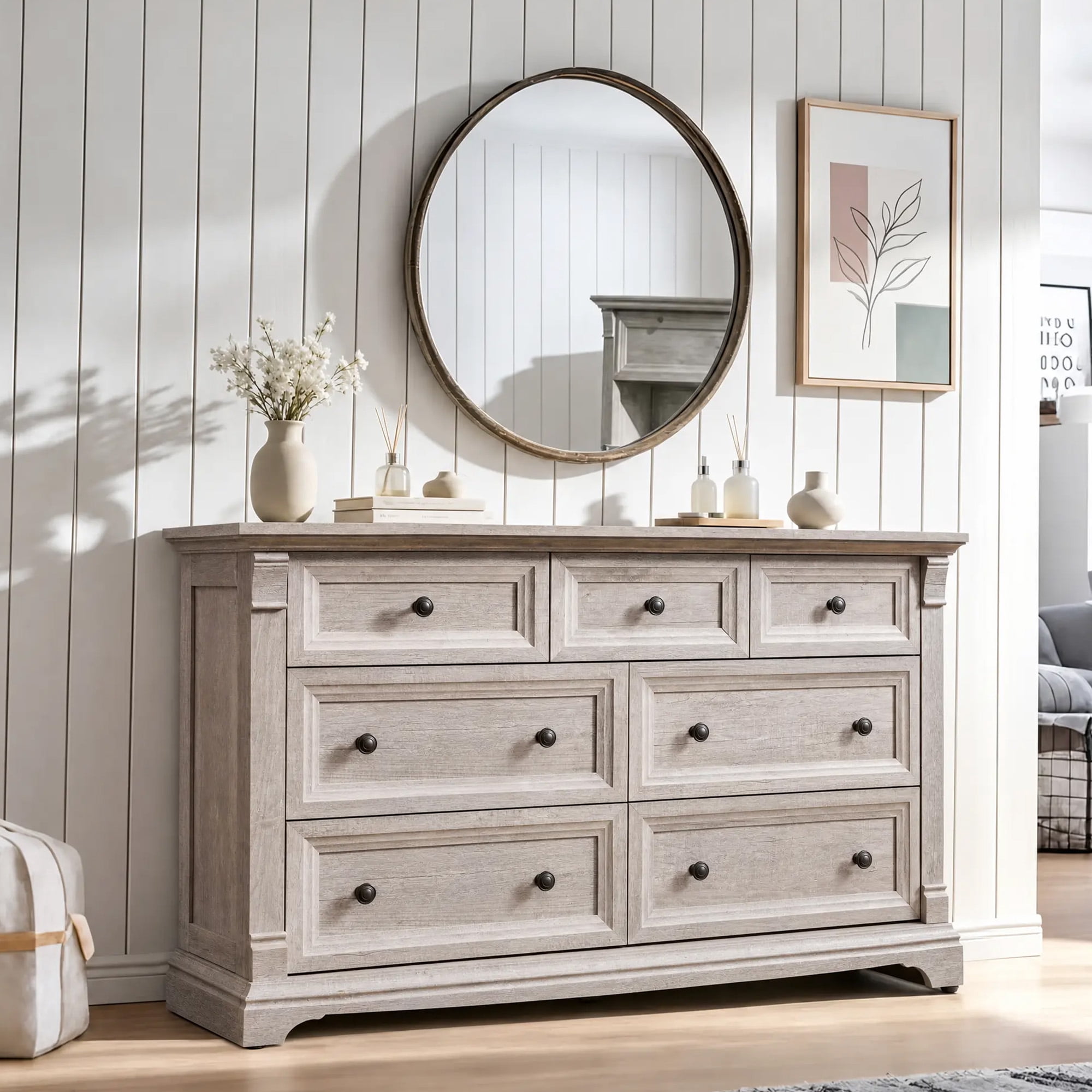 KeyWhat 54" Farmhouse 7-Drawer Dresser with Handles for Bedroom, Living Room , Hallway