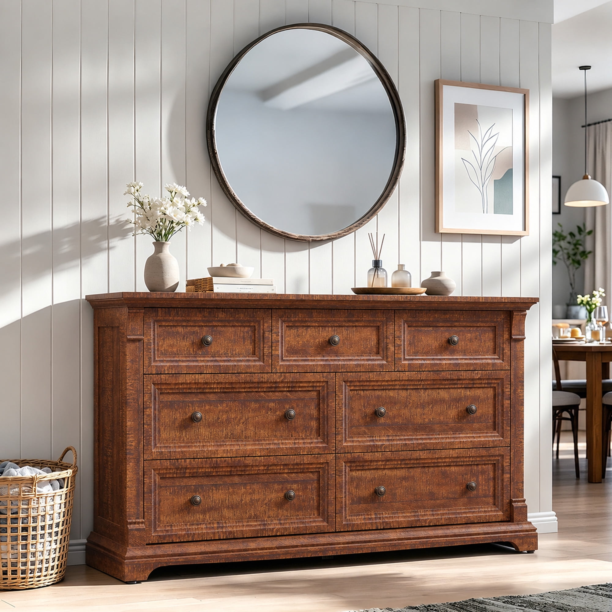 KeyWhat 54" Farmhouse 7-Drawer Dresser with Handles for Bedroom, Living Room , Hallway