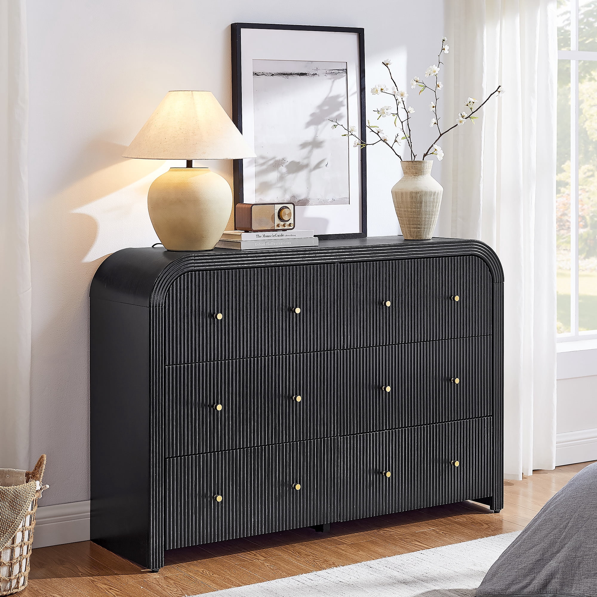 KeyWhat 54" Modern 6-Drawer Dresser, Fluted Chest of Drawers with Curved Profile, Wood Storage Cabinet for Bedroom and Living Room, Black Oak