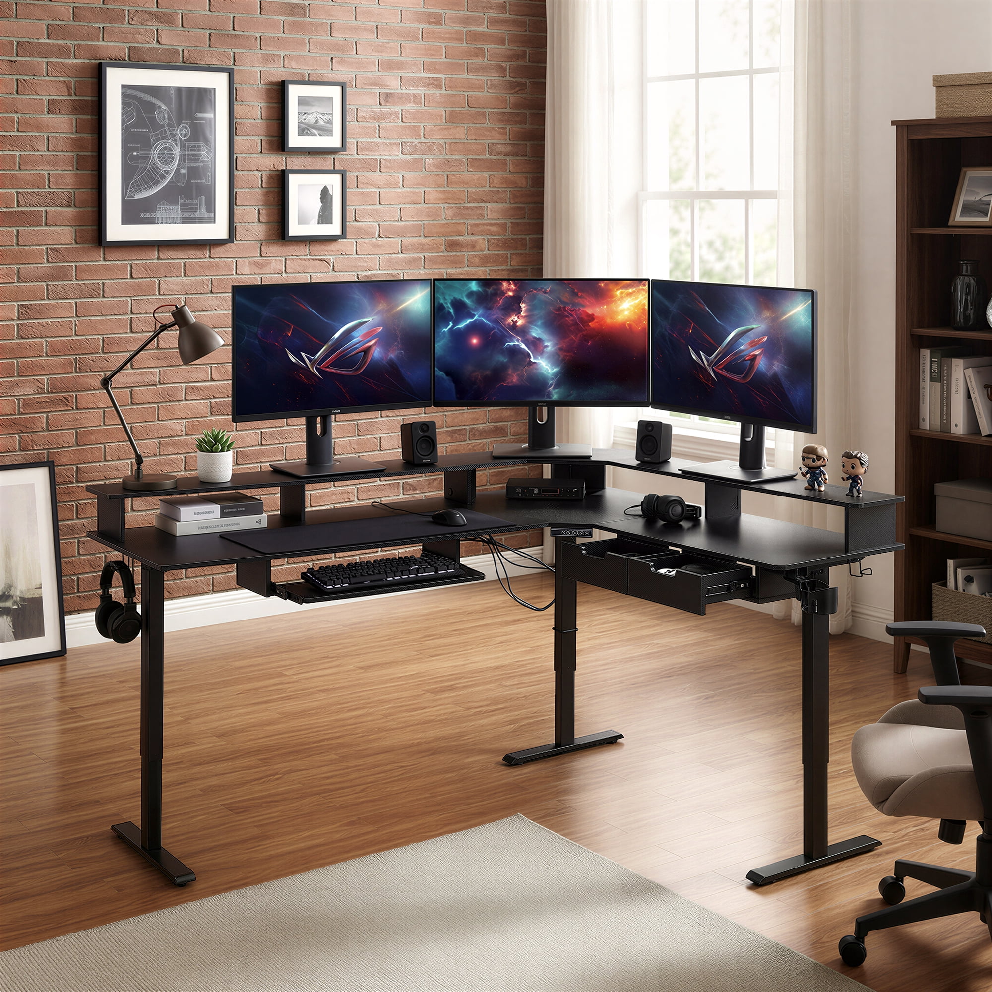KeyWhat 60" L Shaped Standing Desk, Electric Height Adjustable Computer Desk with Shelves & Keyboard Tray & LED Strip & Power Outlets, Carbon Fiber Black