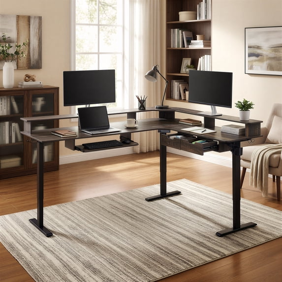 KeyWhat 60" L Shaped Standing Desk, Electric Height Adjustable Computer Desk with Shelves & Keyboard Tray & LED Strip & Power Outlets, Dark Rustic Oak