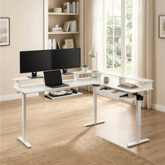 KeyWhat 60" L Shaped Standing Desk, Electric Height Adjustable Computer Desk with Shelves & Keyboard Tray, Corner Gaming Desk with LED Strip & Power Outlets, Antique White