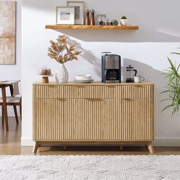 KeyWhat 60" Modern Fluted Buffet Storage Cabinet with 3 Drawers & 4 Doors, Natural Oak