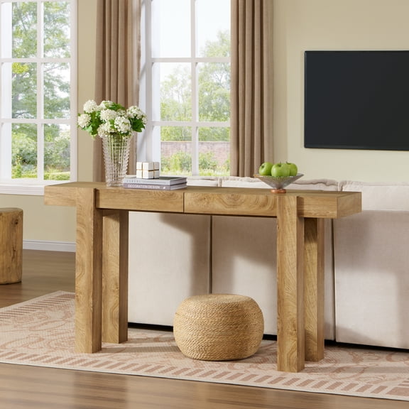 KeyWhat 63" Console Table with Large Storage Drawers, Modern Entryway Desk, Narrow Sofa Table for Living Room, Hallway, Foyer,Natural Wood