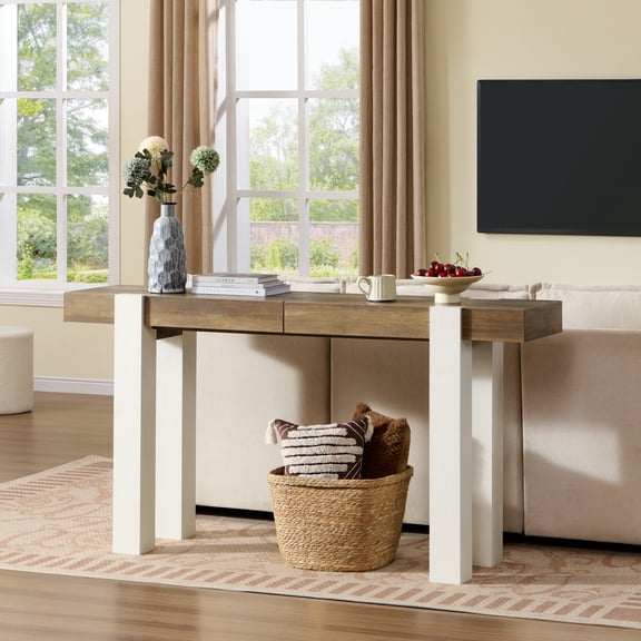 KeyWhat 63" Console Table with Large Storage Drawers, Modern Entryway Desk, Narrow Sofa Table for Living Room, Hallway, Foyer,Two-tone Antique White