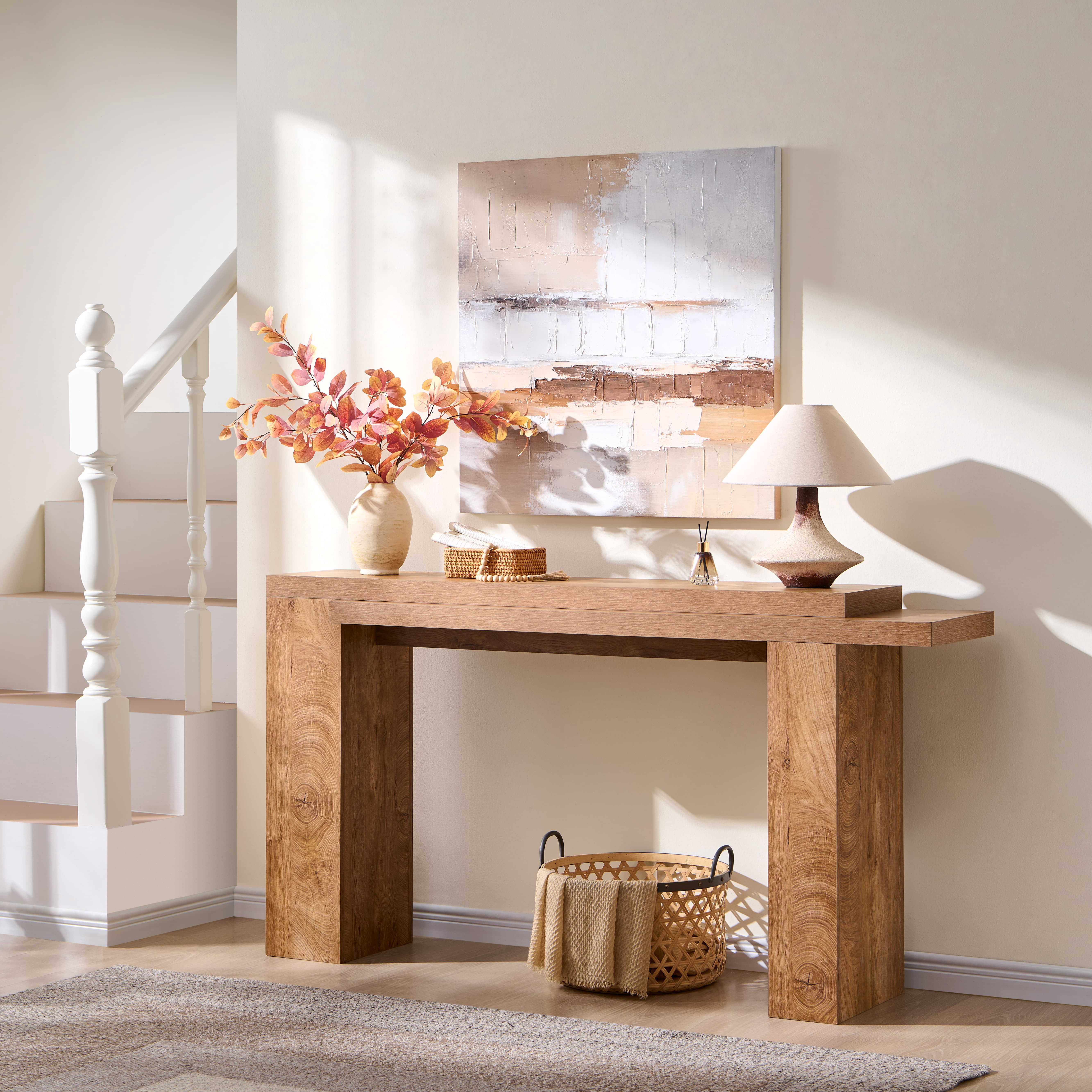 KeyWhat 63" Entryway Console Table, Wooden Modern Sofa Table Behind Couch, Dual-Level Countertop Design for Hallway, Entryway, Living Room, Light Knotty Oak