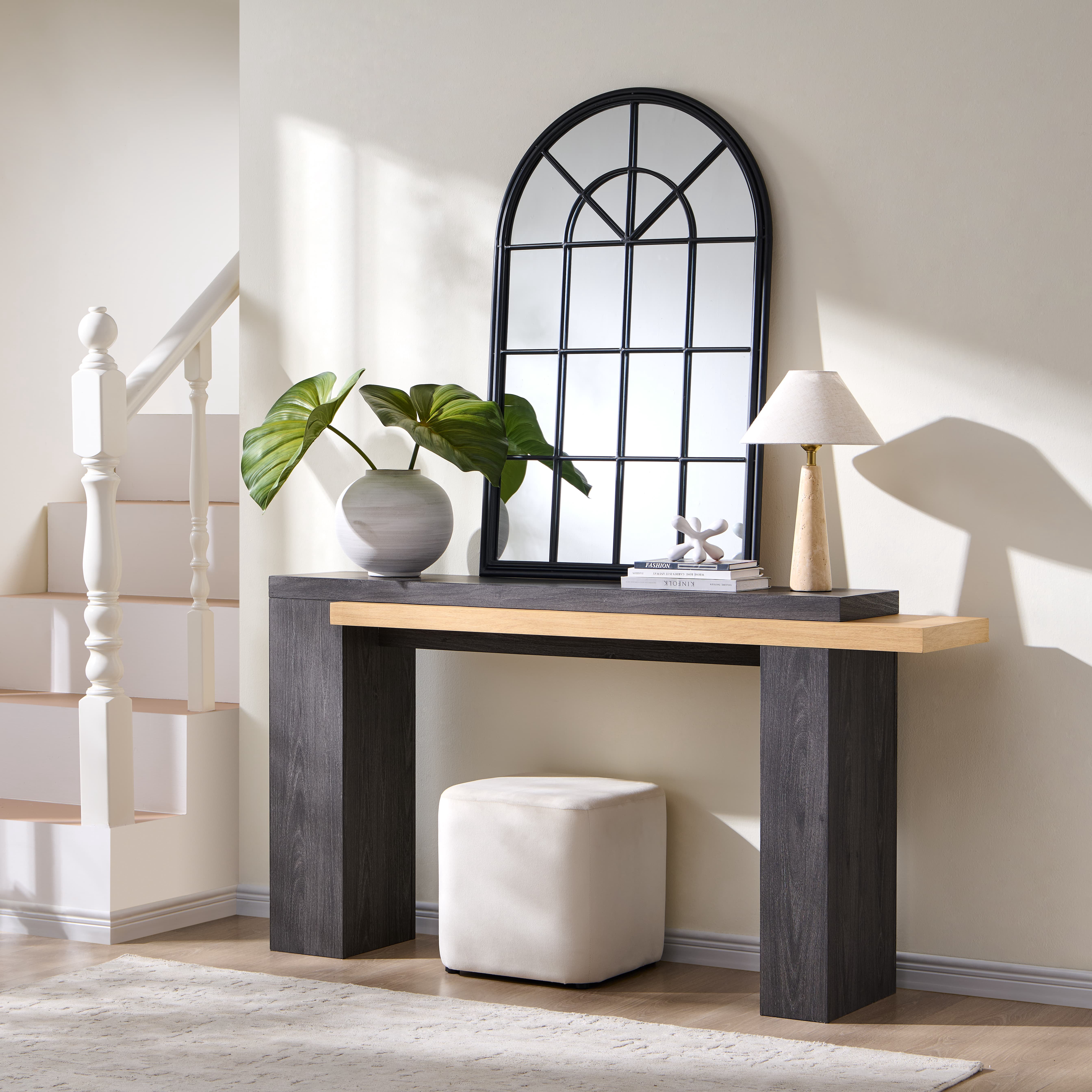 KeyWhat 63" Entryway Console Table, Wooden Modern Sofa Table Behind Couch, Dual-Level Countertop Design for Hallway, Entryway, Living Room, Natural Oak & Dark Alder