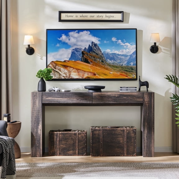 KeyWhat 63" Entryway Console Table with 2 Drawers, Wooden Modern Sofa Table Behind Couch for Hallway, Entryway, Living Room, Dark Rustic Oak