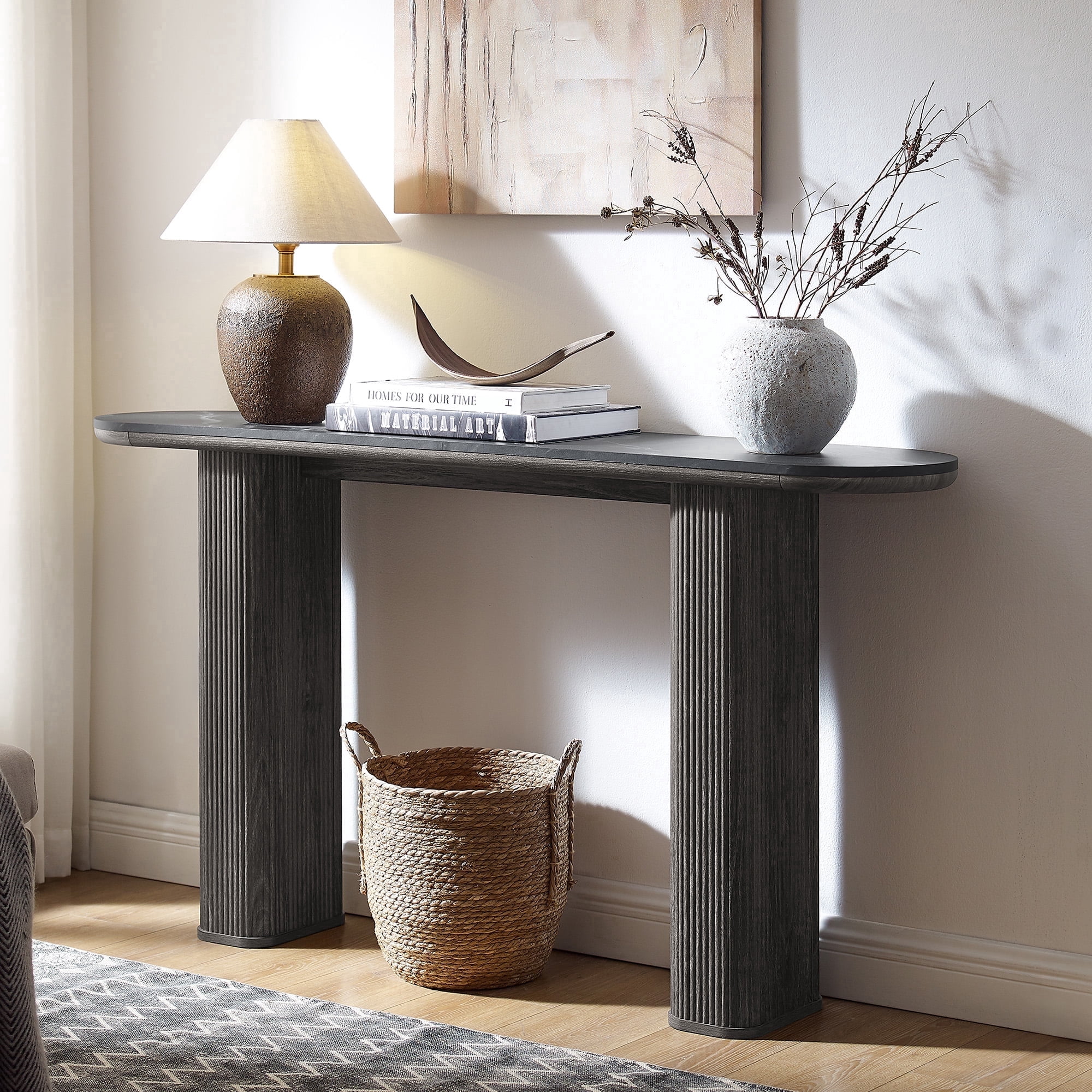 KeyWhat 63" Entryway Console Table with Fluted Wood Base, Modern Sofa Table Behind the Couch for Living Room, Hallway, Entrance, Foyer, Dark Alder