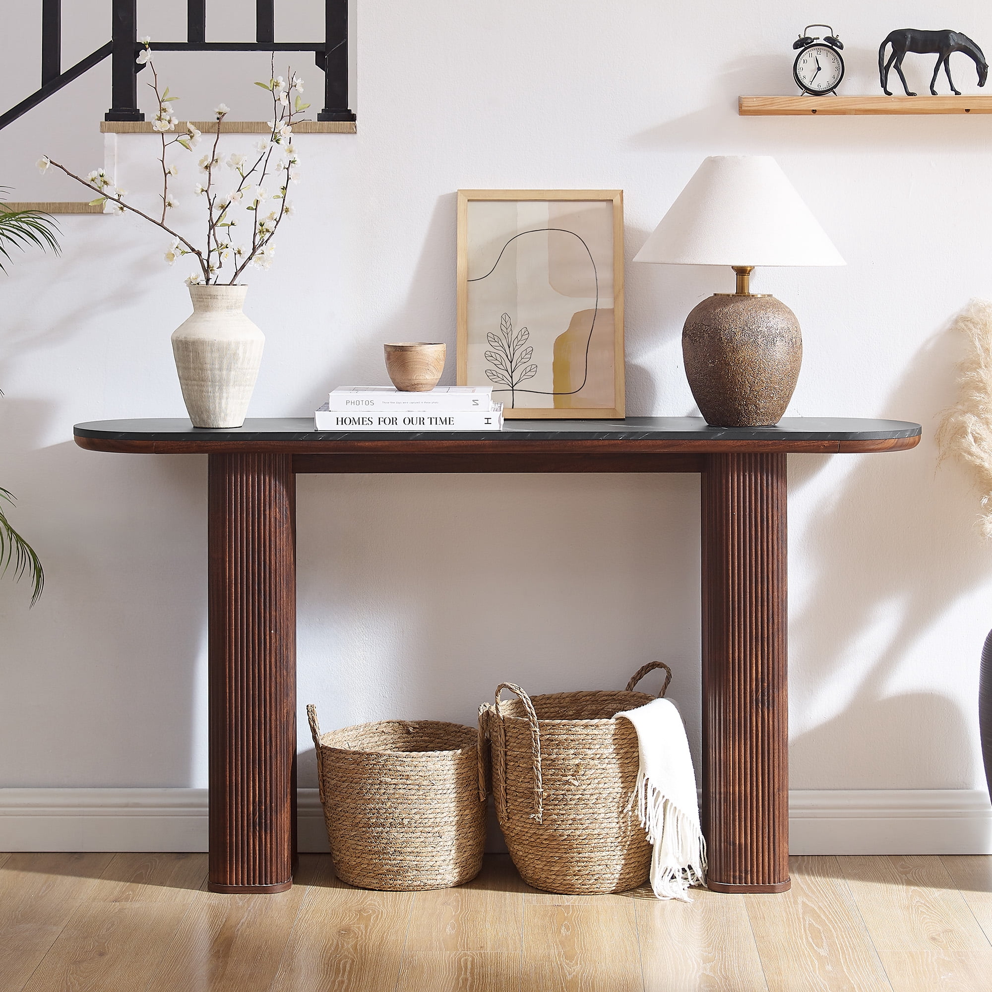 KeyWhat 63" Entryway Console Table with Fluted Wood Base, Modern Sofa Table Behind the Couch for Living Room, Hallway, Entrance, Foyer, Dark Walnut