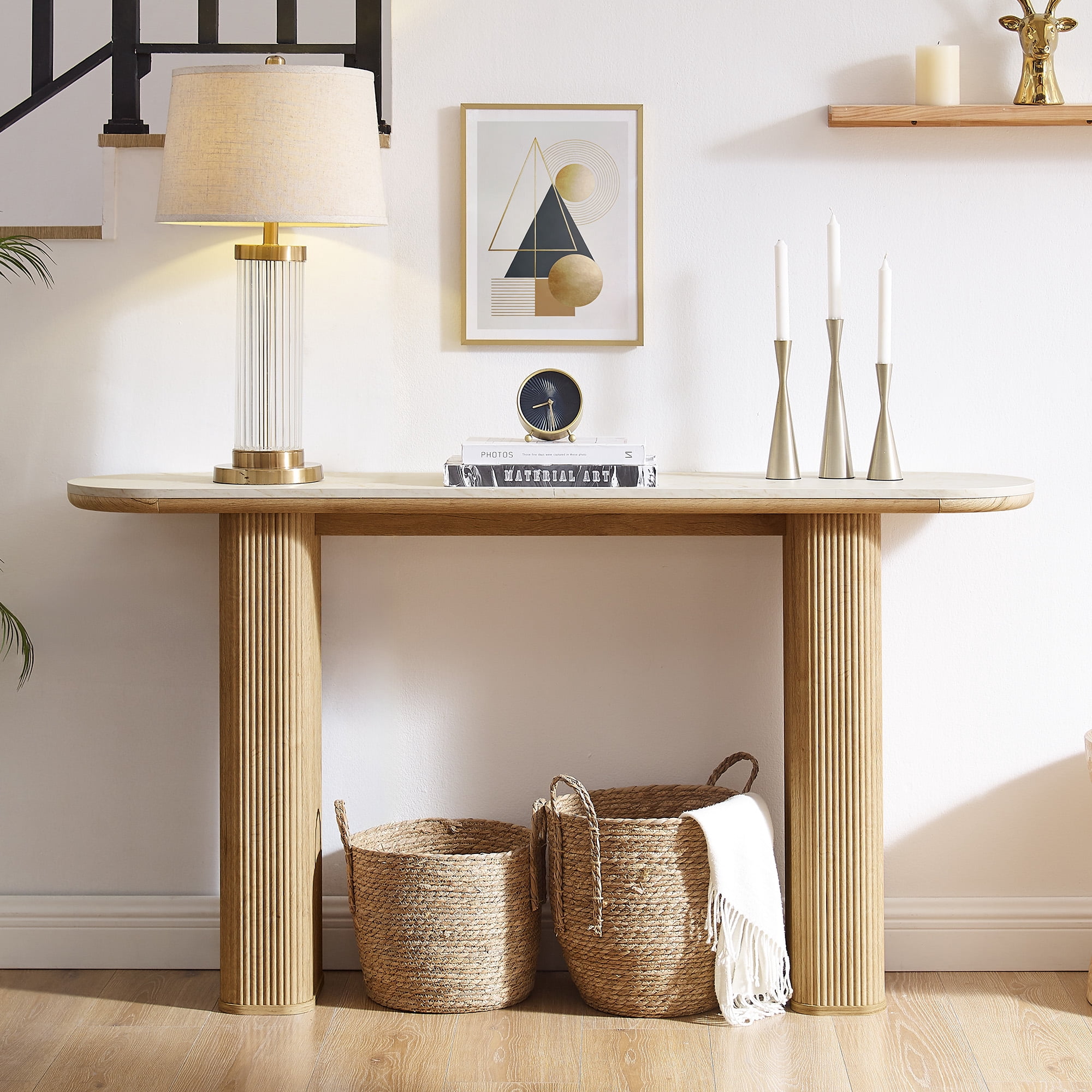 KeyWhat 63" Entryway Console Table with Fluted Wood Base, Modern Sofa Table Behind the Couch for Living Room, Hallway, Entrance, Foyer, Natural Oak