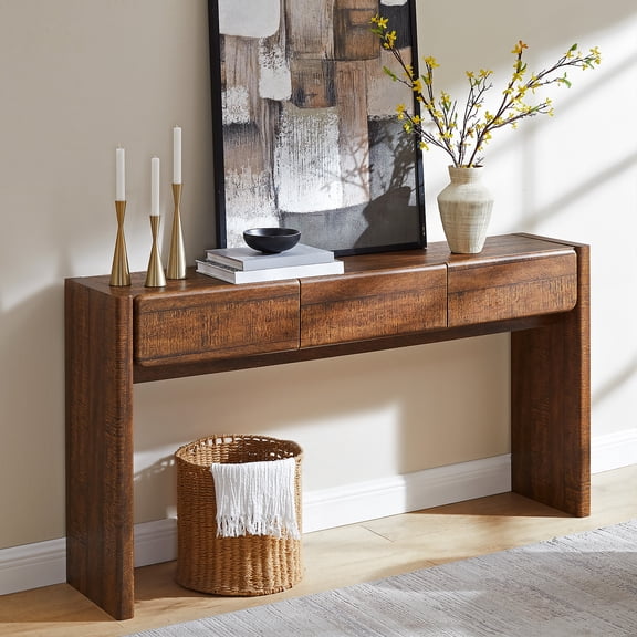 KeyWhat 63" Farmhouse Console Table with 3 Drawers, Light Knotty Finish, Rounded Corners for Living Room, Entryway, Hallway ,Brown
