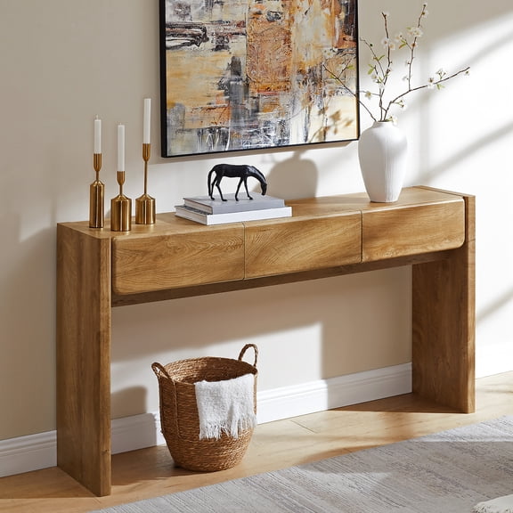 KeyWhat 63" Farmhouse Console Table with 3 Drawers, Light Knotty Finish, Rounded Corners for Living Room, Entryway, Hallway ,Light Knotty Wood