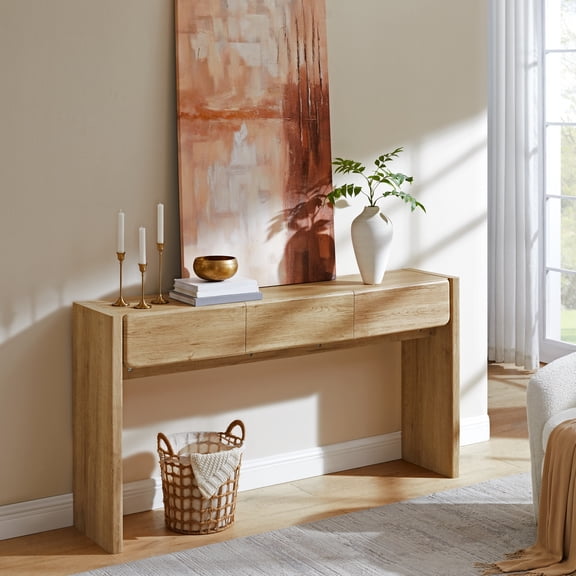 KeyWhat 63" Farmhouse Console Table with 3 Drawers, Light Knotty Finish, Rounded Corners for Living Room, Entryway, Hallway ,Natural Oak