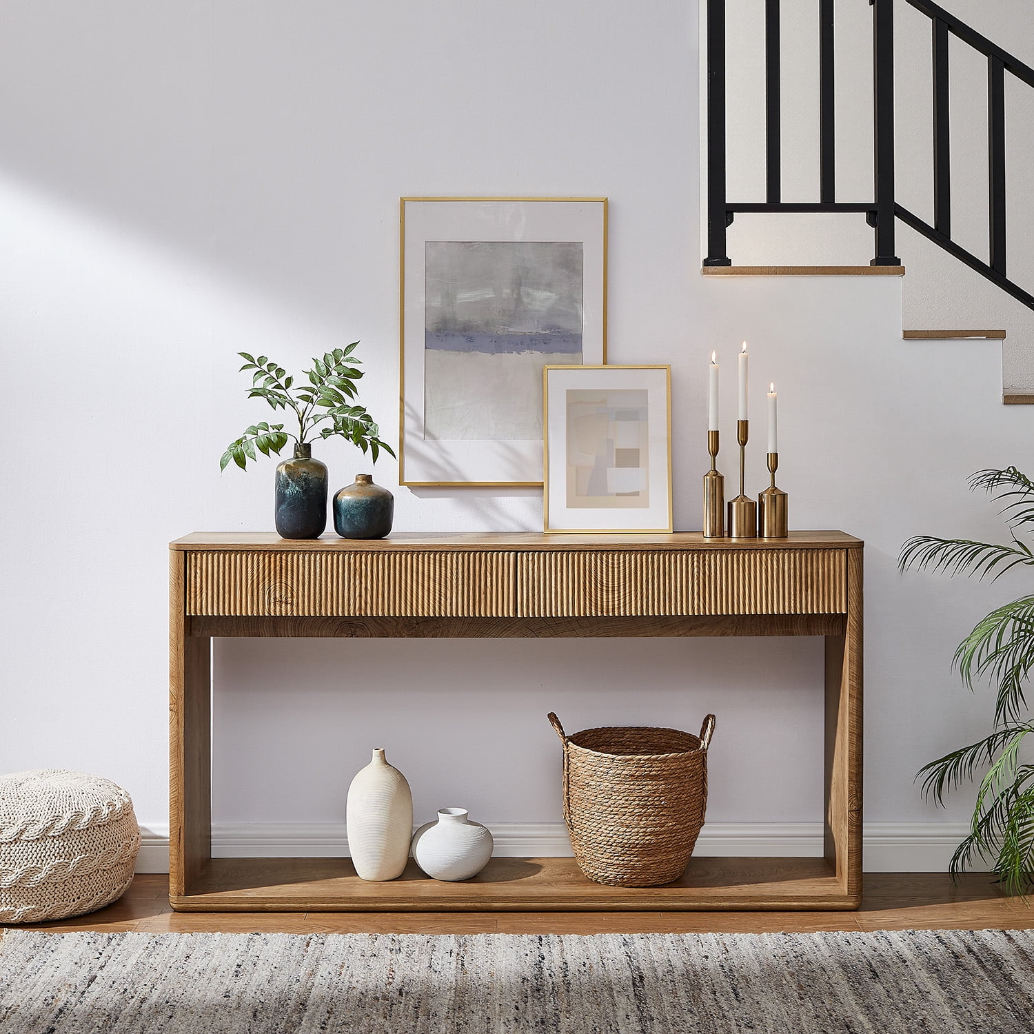 KeyWhat 63" Fluted Console Table with 2 Drawers, Modern Entryway Sofa Table with Anti-Tip Kit, Sturdy Long Console Table for Living Room, Hallway and Foyer , Light Knotty Wood