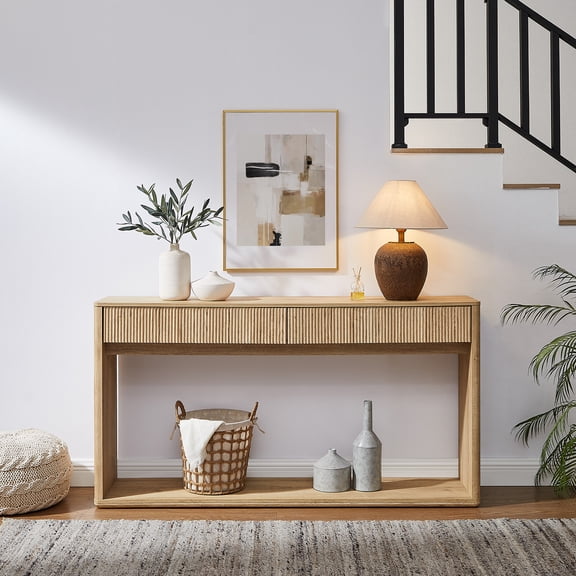 KeyWhat 63" Fluted Console Table with 2 Drawers, Modern Entryway Sofa Table with Anti-Tip Kit, Sturdy Long Console Table for Living Room, Hallway and Foyer , Natural Oak