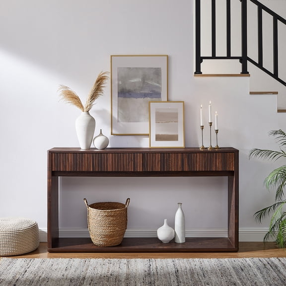 KeyWhat 63" Fluted Console Table with 2 Drawers, Modern Entryway Sofa Table with Anti-Tip Kit, Sturdy Long Console Table for Living Room, Hallway and Foyer , Walnut