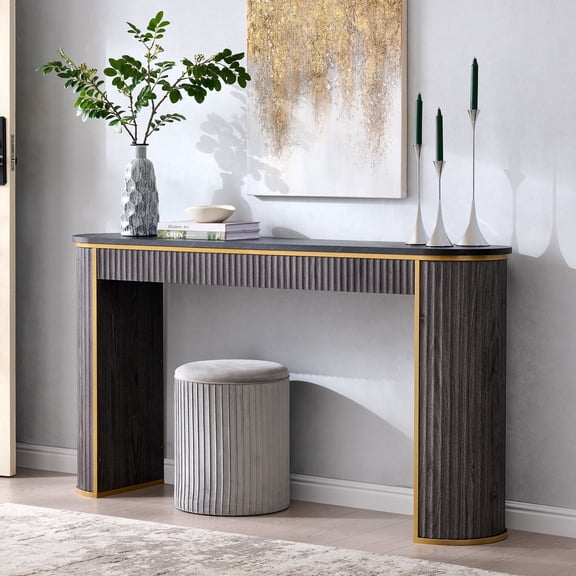 KeyWhat 63" Fluted Console Table, Modern Tall Entryway Table with Faux Marble Tabletop and Gold Trim Design for Entrance/Hallway/Living Room, Dark Alder