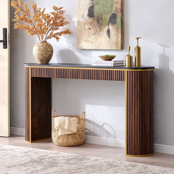 KeyWhat 63" Fluted Console Table, Modern Tall Entryway Table with Faux Marble Tabletop and Gold Trim Design for Entrance/Hallway/Living Room, Dark Walnut