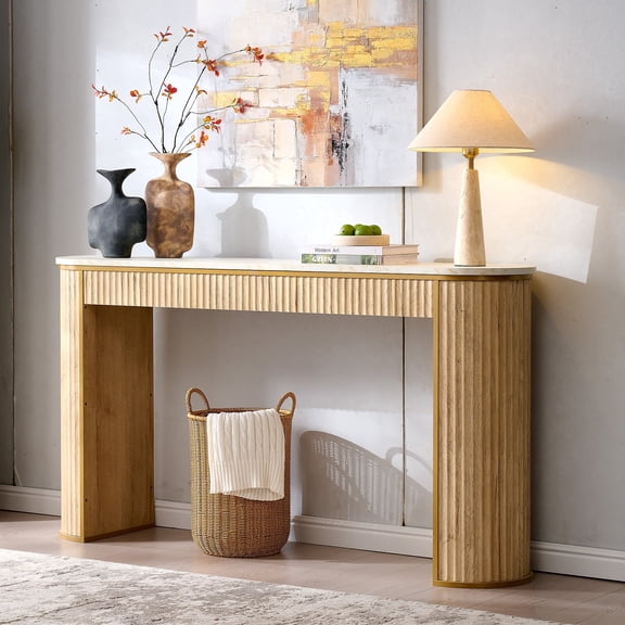 KeyWhat 63" Fluted Console Table, Modern Tall Entryway Table with Faux Marble Tabletop and Gold Trim Design for Entrance/Hallway/Living Room, Natural Oak