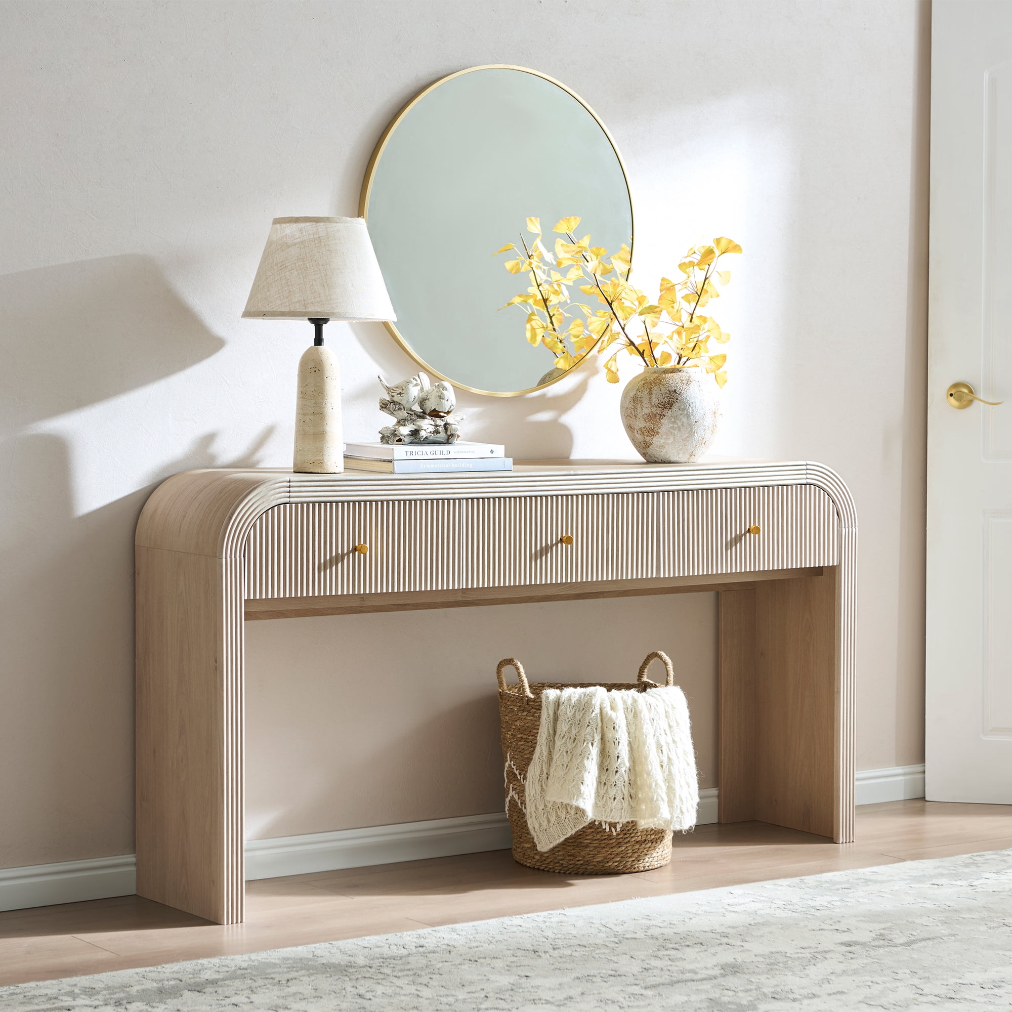 KeyWhat 63" Modern Fluted Console Table with 3 Drawers, Curved Edges & Anti-Tip Safety Kit