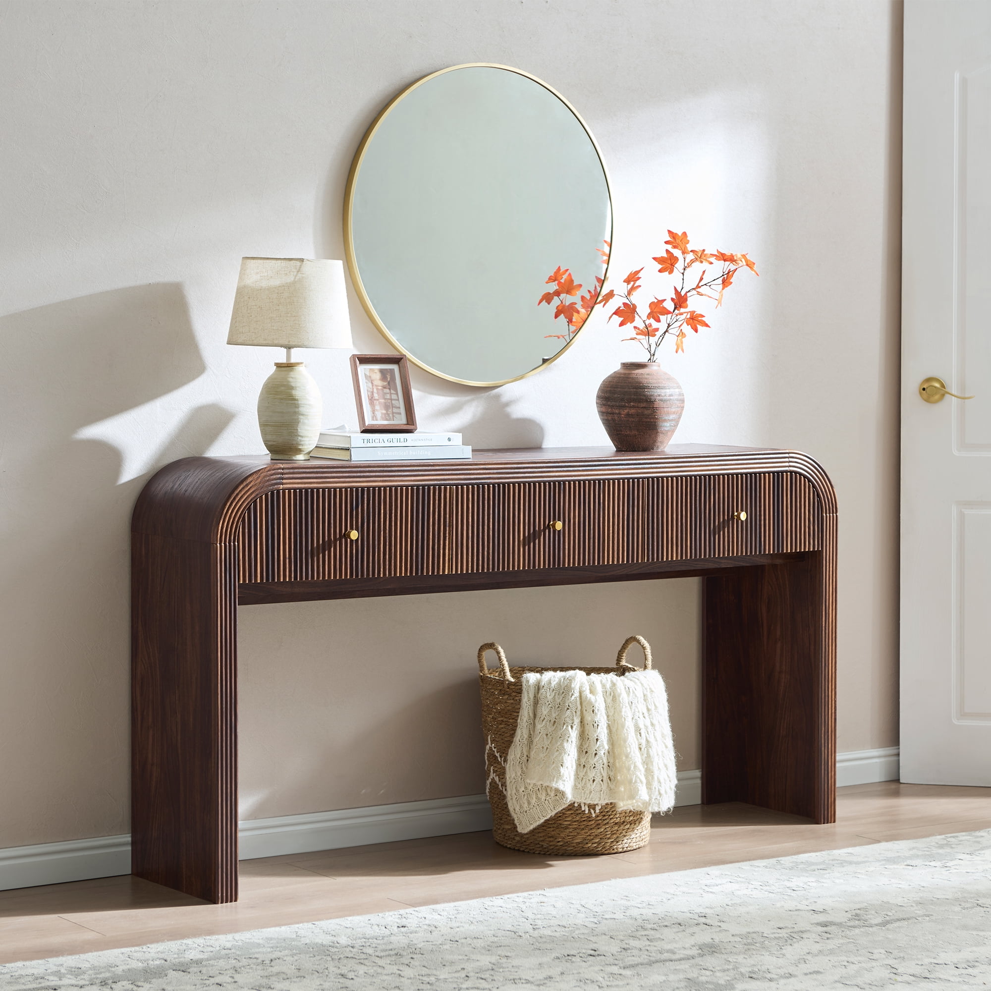 KeyWhat 63" Modern Fluted Console Table with 3 Drawers, Curved Edges & Anti-Tip Safety Kit