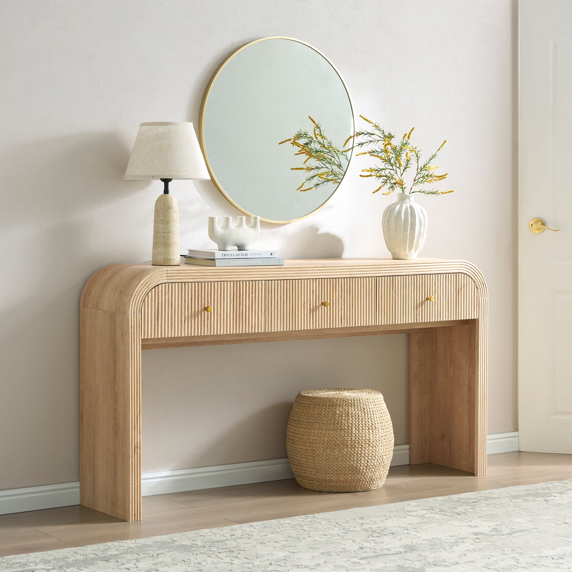 KeyWhat 63" Modern Fluted Console Table with 3 Drawers, Curved Edges & Anti-Tip Safety Kit
