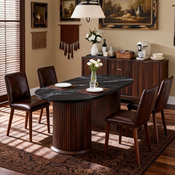 KeyWhat 63" Oval Dining Table for 4-6, Modern Farmhouse Kitchen Table with Fluted Base & Thickened Edge for Gathering, Kitchen, Dining Living Room, Black & Walnut