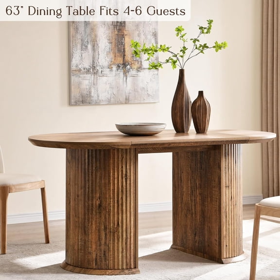 KeyWhat 63" Oval Dining Table for 4-6, Modern Farmhouse Kitchen Table with Fluted Base & Thickened Edge for Gathering, Kitchen, Dining Living Room, Gold Rustic Brown