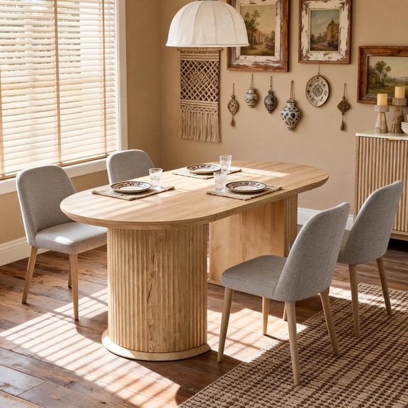 KeyWhat 63" Oval Dining Table for 4-6, Modern Farmhouse Kitchen Table with Fluted Base & Thickened Edge for Gathering, Kitchen, Dining Living Room, Natural Oak