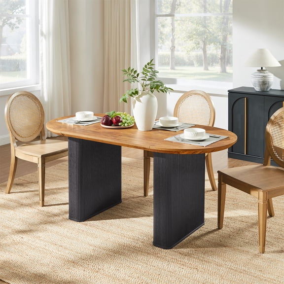 KeyWhat 63" Oval Dining Table for 4-6 People, Modern Farmhouse Kitchen Table with Fluted Base, Wood Luxury Table for Gathering, Kitchen, Dining Living Room, Gold Brown&Black