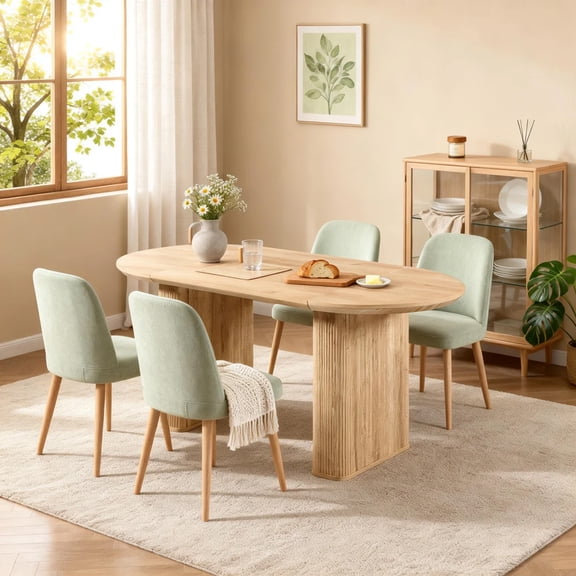 KeyWhat 63" Oval Dining Table for 4-6 People, Modern Farmhouse Kitchen Table with Fluted Base, Wood Luxury Table for Gathering, Kitchen, Dining Living Room, Natural Oak