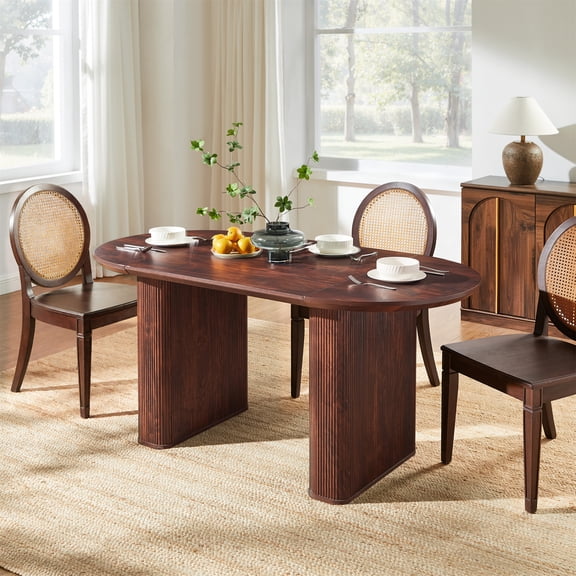 KeyWhat 63" Oval Dining Table for 4-6 People, Modern Farmhouse Kitchen Table with Fluted Base, Wood Luxury Table for Gathering, Kitchen, Dining Living Room, Walnut