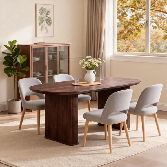 KeyWhat 63" Oval Dining Table for 4-6 People, Modern Farmhouse Kitchen Table with Fluted Base, Wood Luxury Table for Gathering, Kitchen, Dining Living Room, Walnut