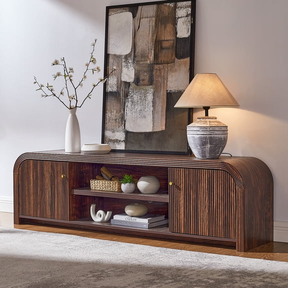 KeyWhat 70” Fluted TV Stand, Entertainment Center TV Console with Storage and Rounded Corners Design for living room, Brown