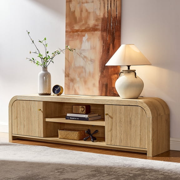 KeyWhat 70” Fluted TV Stand, Entertainment Center TV Console with Storage and Rounded Corners Design for living room, Natural Oak