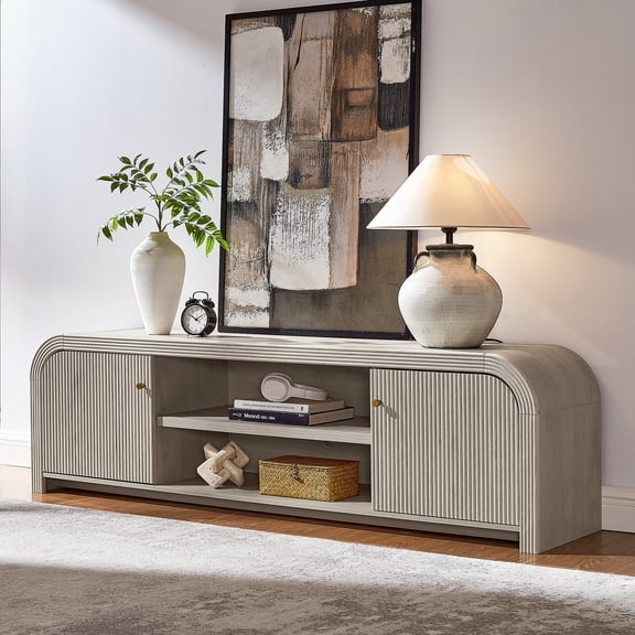 KeyWhat 70” Fluted TV Stand, Entertainment Center TV Console with Storage and Rounded Corners Design for living room, White Alder