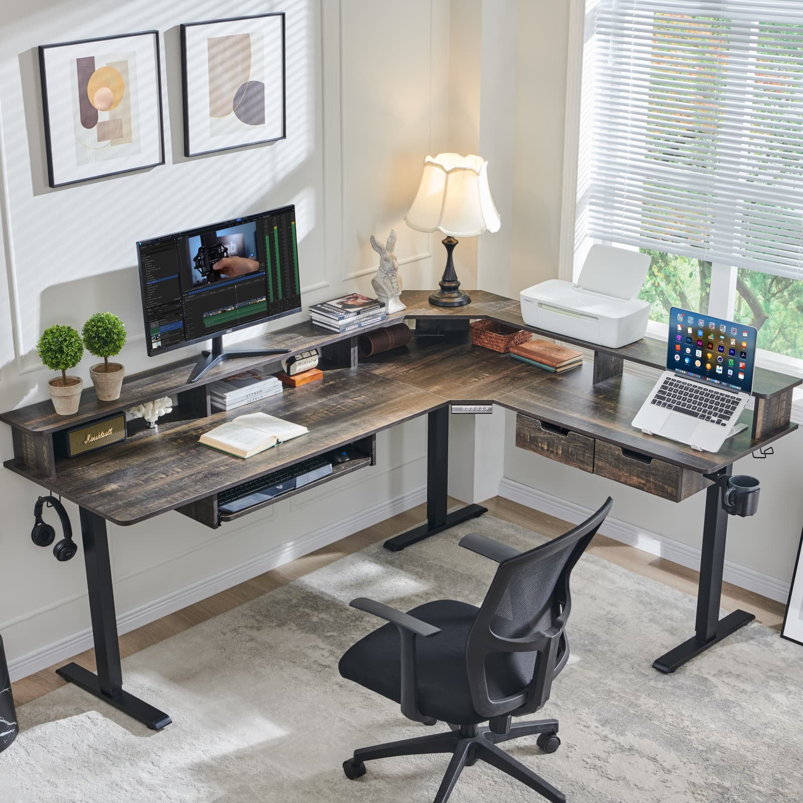 KeyWhat 70" L Shaped Standing Desk, Electric Height Adjustable Computer Desk with Shelves & Keyboard Tray & LED Strip & Power Outlets, Dark Rustic Oak