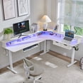 thumbnail image 1 of KeyWhat 70" L Shaped Standing Desk, Electric Height Adjustable Computer Desk with Shelves & Keyboard Tray & LED Strip & Power Outlets, Antique White, 1 of 7