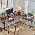 thumbnail image 1 of KeyWhat 75"X60" L Shaped Standing Desk, Electric Height Adjustable Computer Desk with Shelves & Keyboard Tray & LED Strip & Power Outlets, Dark Walnut, 1 of 7