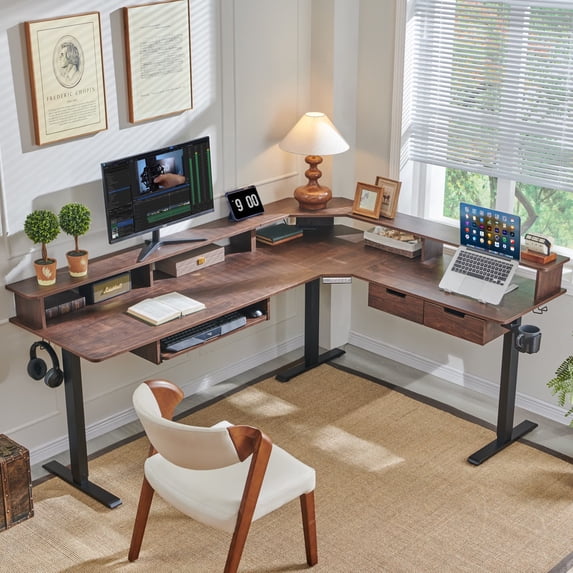 KeyWhat 75"X60" L Shaped Standing Desk, Electric Height Adjustable Computer Desk with Shelves & Keyboard Tray & LED Strip & Power Outlets, Dark Walnut