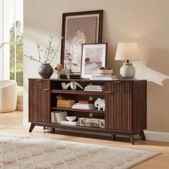 KeyWhat 70" Mid-Century Modern TV Stand for 75" TV, Fluted Doors, Drawers & Adjustable Shelves