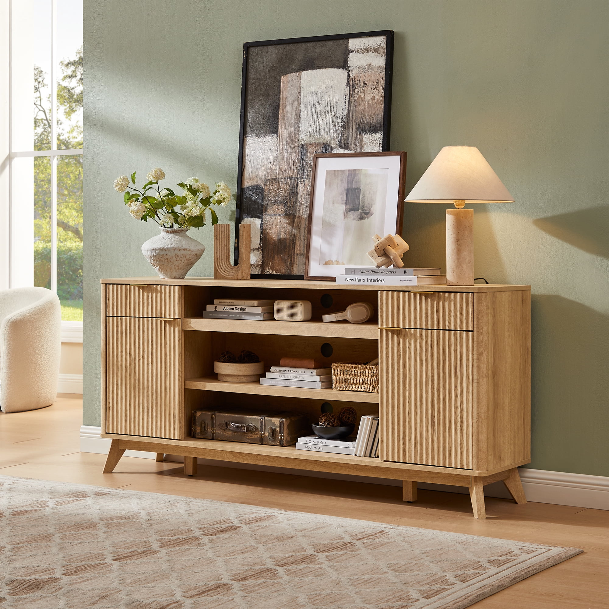 KeyWhat 70" Mid-Century Modern TV Stand for 75" TV, Fluted Doors, Drawers & Adjustable Shelves
