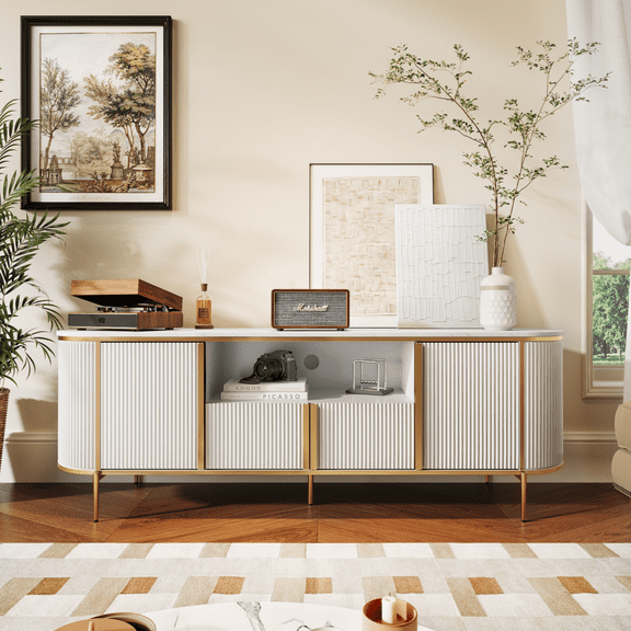 KeyWhat 70" Modern Fluted TV Stand for TVs up to 80", Mid-Century Wooden Entertainment Center for Living Room, Off White