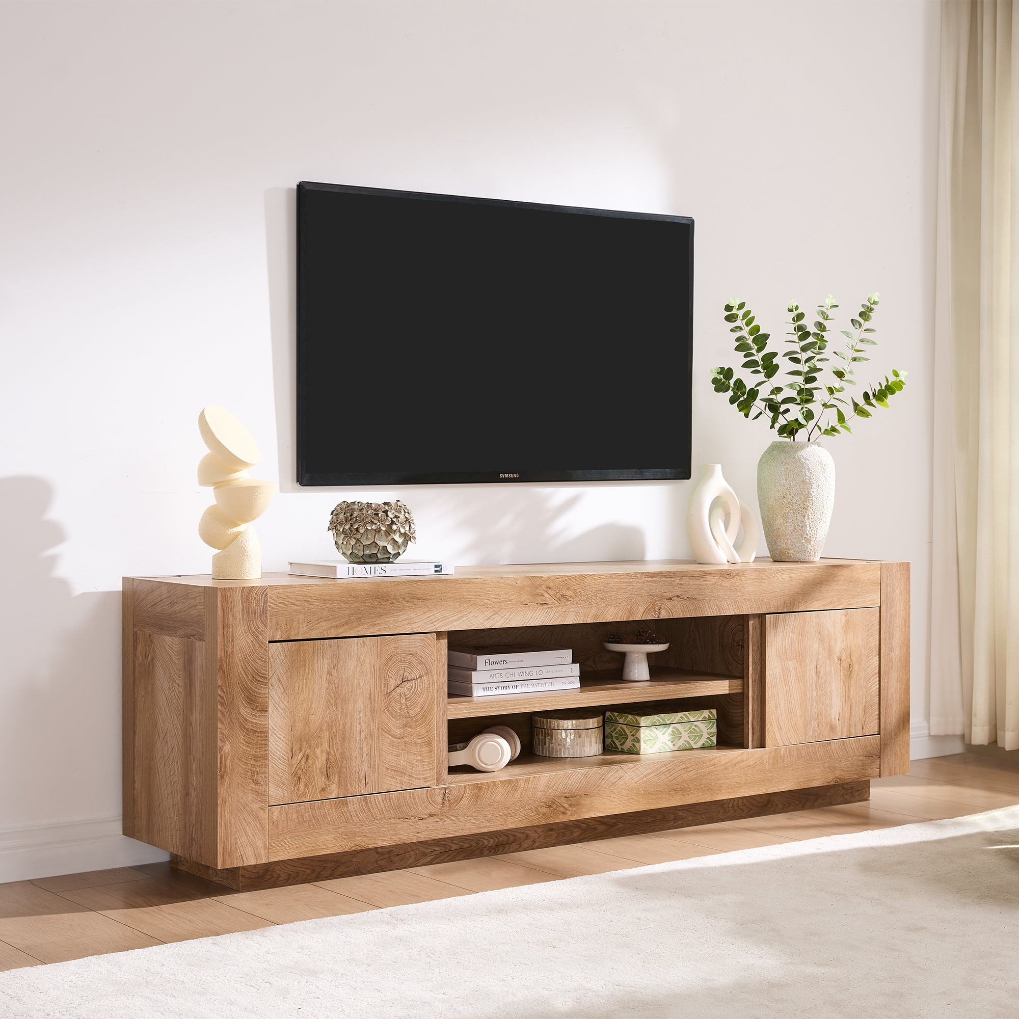 KeyWhat 70" Modern Low Profile TV Stand for TVs up to 80", Open Storage & Adjustable Shelves