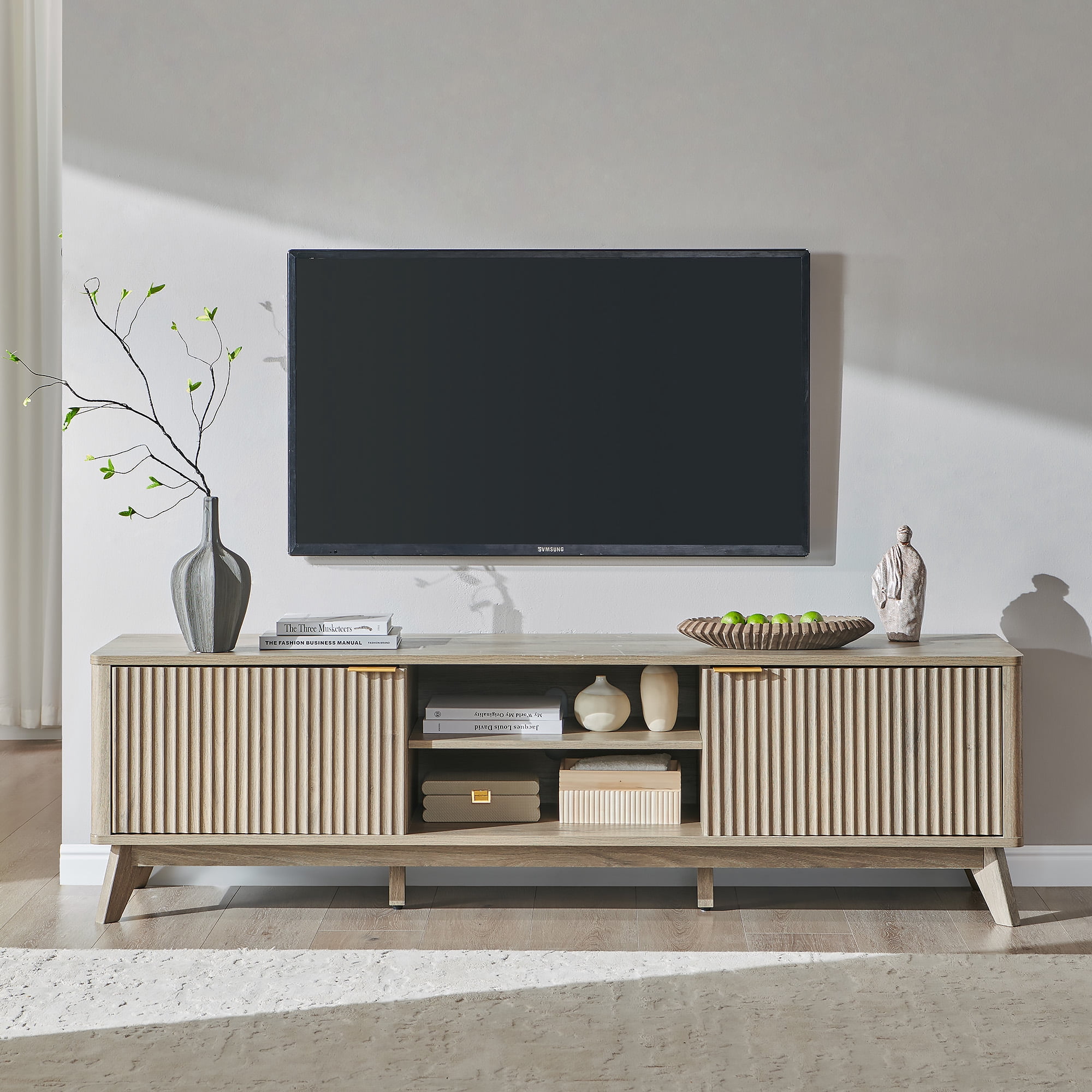 KeyWhat 70" TV Stand with 2 Soft Close Door, Modern Entertainment Center Console Table, Media Furniture for Living Room, Alder Grey
