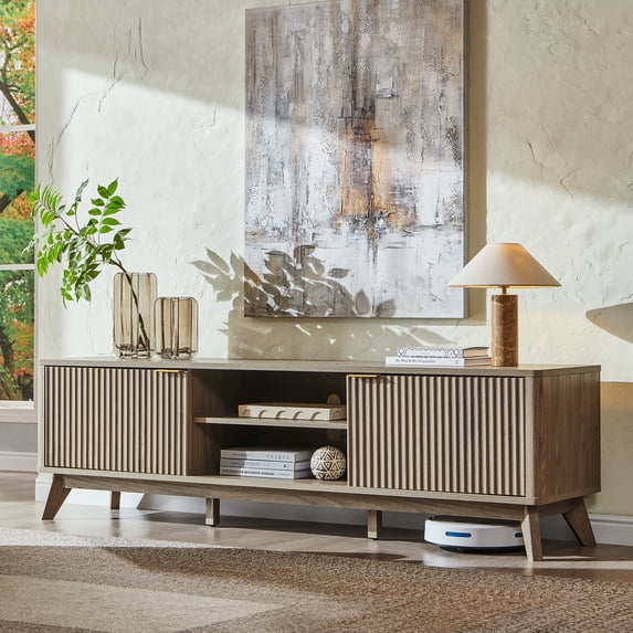 KeyWhat 70" Mid-Century Modern TV Stand for 75 Inches TV, Fluted Doors & Adjustable Shelves